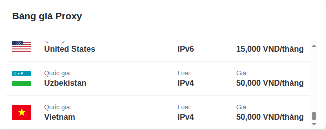 bảng giá Proxydata.shop